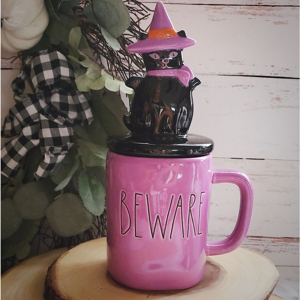 Rae Dunn Halloween Kitty "Beware" lidded mug